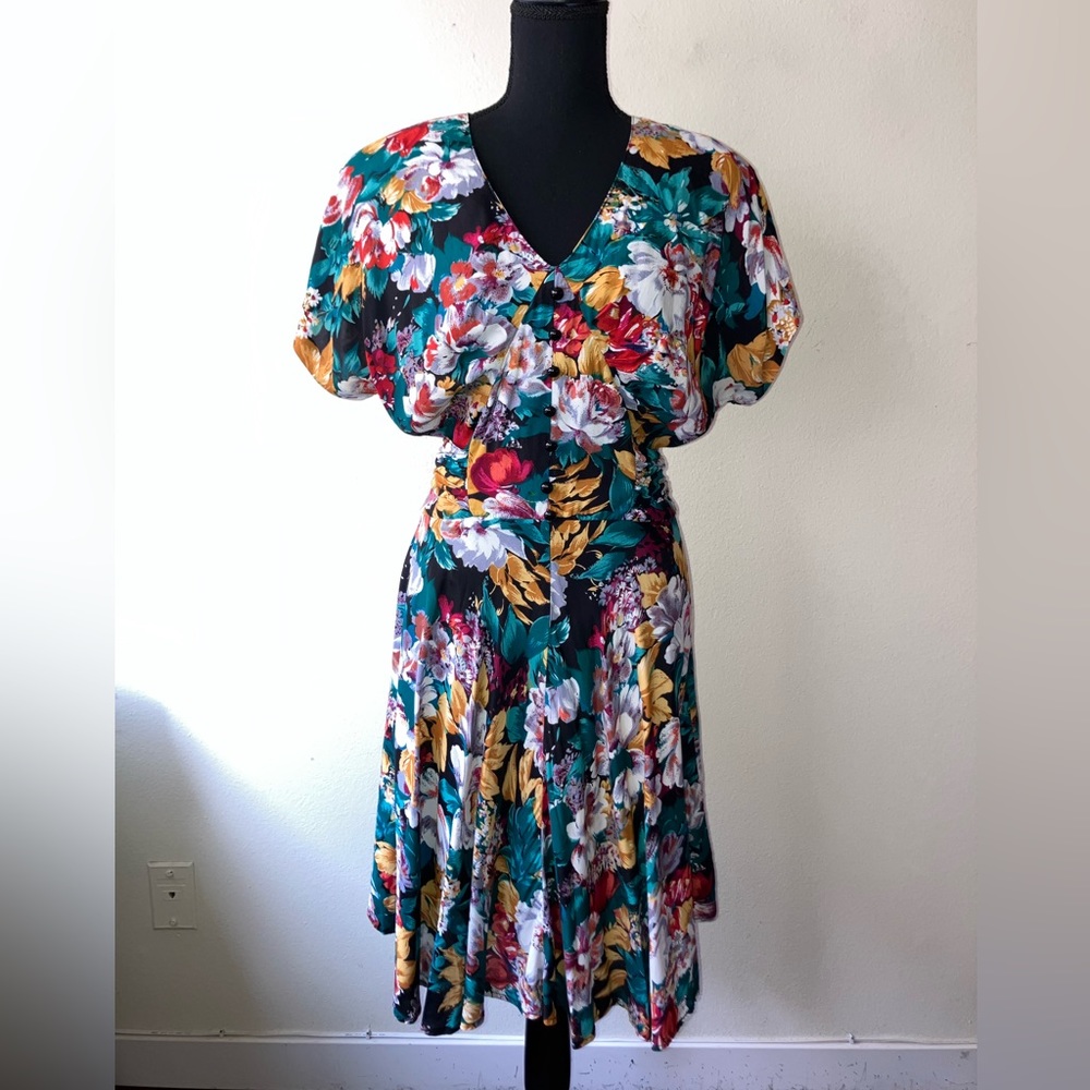 Vintage '80s does '40s Beau Monde Floral Fit & Flare Dress Sash Rockabilly S/M